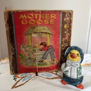 Mother Goose Vintage Illustration Book - Red Cover 1946 & ceramic goose